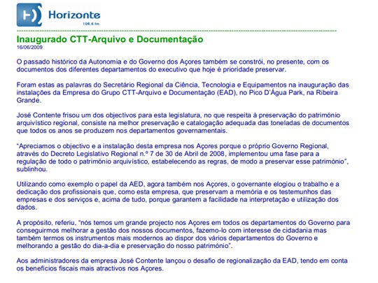 Inaugurado CTT- Arquivo de Documentação