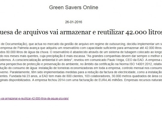 Empresa portuguesa de arquivos vai armazenar e reutilizar 42.000 litros de águas pluviais