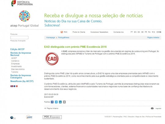 EAD distinguida com prémio PME Excelência 2016