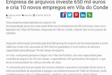 Empresa de arquivos investe 650 mil euros e cria 10 novos empregos em Vila do Conde