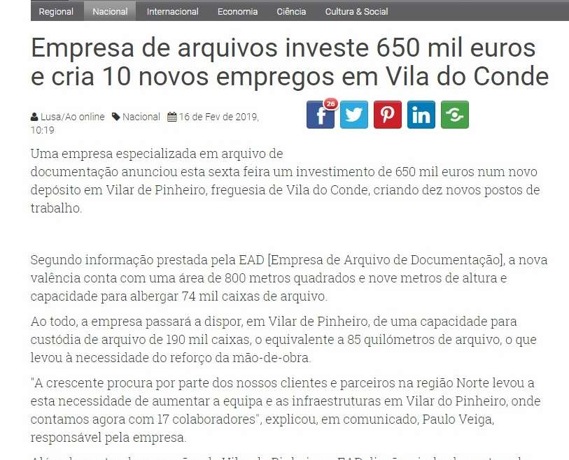 Empresa de arquivos investe 650 mil euros e cria 10 novos empregos em Vila do Conde