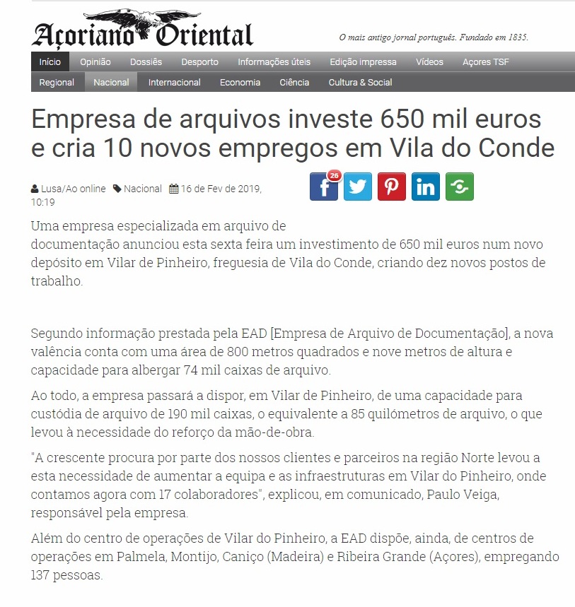 Empresa de arquivos investe 650 mil euros e cria 10 novos empregos em Vila do Conde