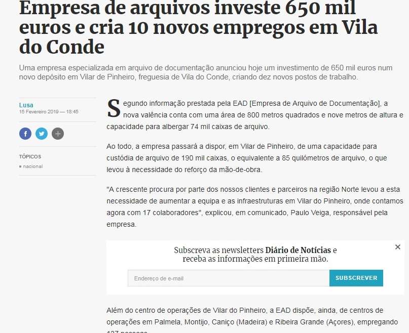 Empresa de arquivos investe 650 mil euros e cria 10 novos empregos em Vila do Conde