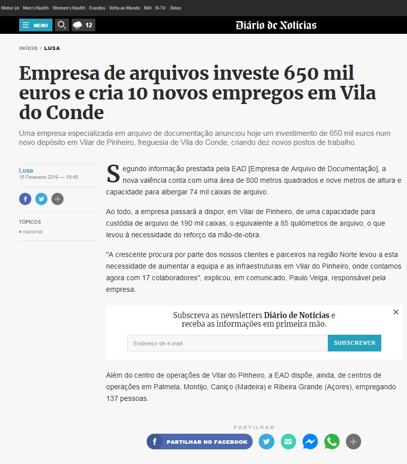 Empresa de arquivos investe 650 mil euros e cria 10 novos empregos em Vila do Conde