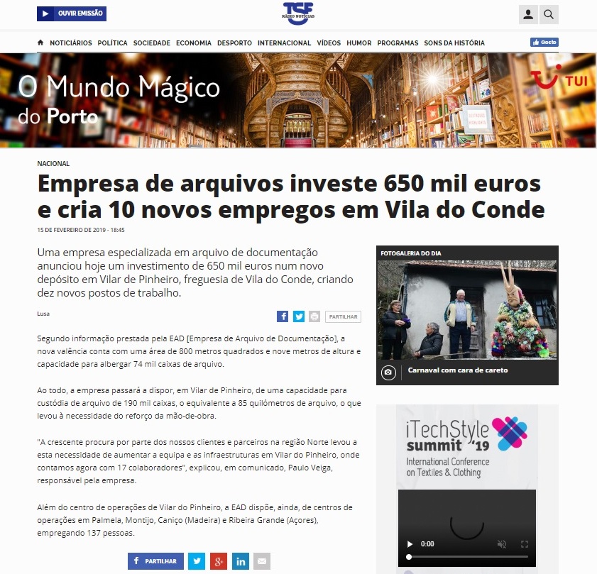 Empresa de arquivos investe 650 mil euros e cria 10 novos empregos em Vila do Conde